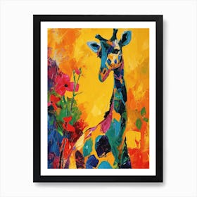 Colourful Giraffe With The Flowers Art Print