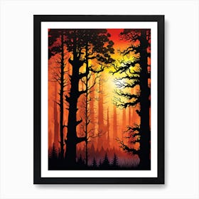 Sunset In The Forest 9,   Forest bathed in the warm glow of the setting sun, forest sunset illustration, forest at sunset, sunset forest vector art, sunset, forest painting,dark forest, landscape painting, nature vector art, Forest Sunset art, trees, pines, spruces, and firs, orange and black.  Art Print