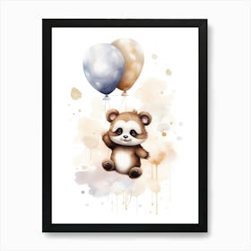 Baby Panda Flying With Ballons, Watercolour Nursery Art 3 Art Print