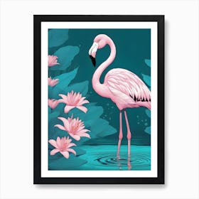 Pink And Blue Flamingo With Lillies Art Print