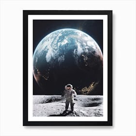 Astronaut Walking On The Moon Earth View Art Print