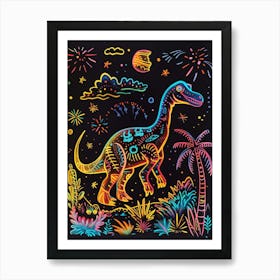 Mustard Neon Dinosaur At Night Art Print