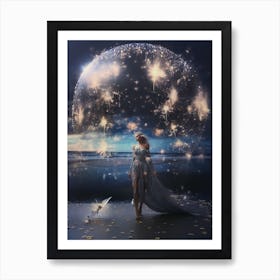 Woman on the beach surrounded by cosmic stardust 5 Art Print