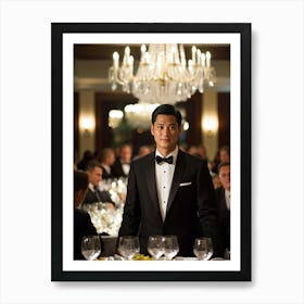 A Sumptuous Corporate Banquet Unfolding Where A Polished Spherical Object Gleaming Under Chandelier Art Print