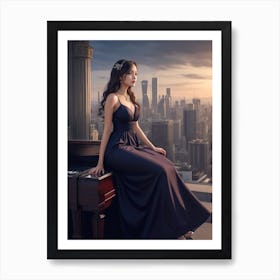 Beautiful Woman Sitting On Piano Art Print