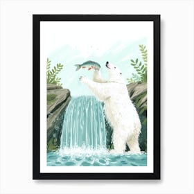 Polar Bear Catching Fish In A Waterfall Storybook Illustration 3 Art Print