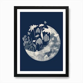 Moon And Flowers in Navy Blue, Watercolor Art Print
