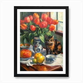 Flower Vase Tulips With A Cat 1 Impressionism, Cezanne Style Art Print