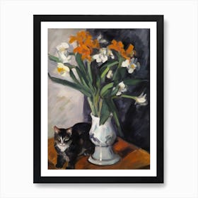 Flower Vase Crocus With A Cat 2 Impressionism, Cezanne Style Art Print