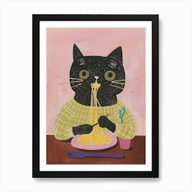 Cute Black Cat Eating Pasta Folk Illustration 3 Art Print