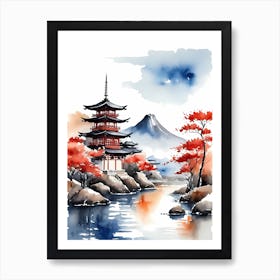 Watercolor Japanese Landscape Painting (26) Art Print