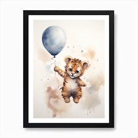 Baby Tiger Flying With Ballons, Watercolour Nursery Art 2 Art Print