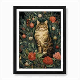 William Morris Style Christmas Cat 8 Art Print