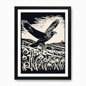 B&W Bird Linocut Harrier 1 Art Print