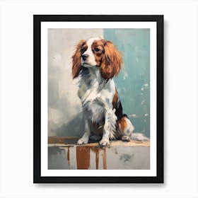 Cavalier King Charles Spaniel Dog, Painting In Light Teal And Brown 1 Art Print