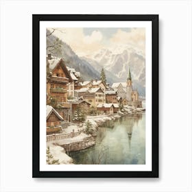 Vintage Winter Illustration Hallstatt Austria 4 Art Print