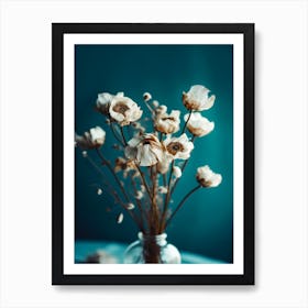 White Flowers and Turquoise Background Art Print