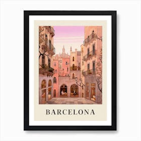 Barcelona Spain 3 Vintage Pink Travel Illustration Poster Art Print