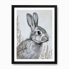 English Silver Blockprint Rabbit Illustration 6 Art Print