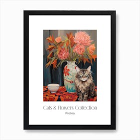 Cats & Flowers Collection Protea Flower Vase And A Cat, A Painting In The Style Of Matisse 2 Art Print