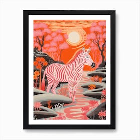 Zebra In The River At Sunset Orange & Pink Art Print