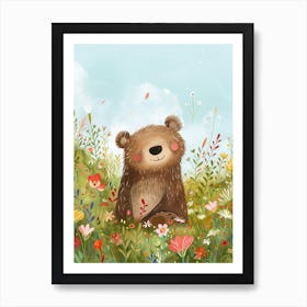 Sloth Bear Cub In A Field Of Flowers Storybook Illustration 3 Art Print