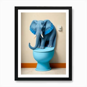 Elephant on blue toilet Art Print