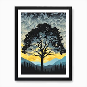 Tree In The Mountains, geometric vector art, Forest, sunset,   Forest bathed in the warm glow of the setting sun, forest sunset illustration, forest at sunset, sunset forest vector art, sunset, forest painting,dark forest, landscape painting, nature vector art, Forest Sunset art, trees, pines, spruces, and firs, black, blue and yellow Art Print