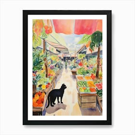 Food Market With Cats In Honolulu 2 Watercolour Art Print