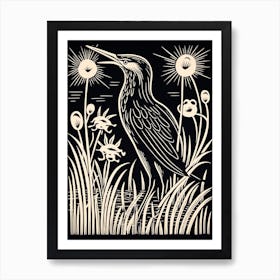 B&W Bird Linocut Green Heron 1 Art Print