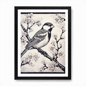 B&W Bird Linocut House Sparrow 1 Art Print