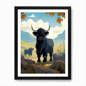 Two Black Bulls In The Autumnal Highlands Art Print