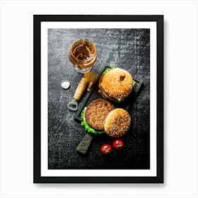 Burgers and beer — Food kitchen poster/blackboard, photo art Art Print