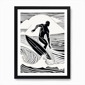 Linocut Black And White Surfer On A Wave art, surfing art, 254 Art Print