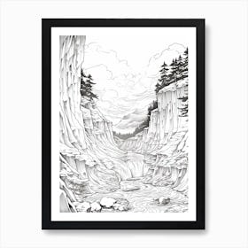 Sounkyo Gorge In Hokkaido, Ukiyo E Black And White Line Art Drawing 2 Art Print