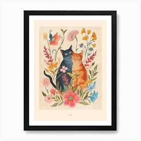 Folksy Floral Animal Drawing Cat 11 Poster Art Print