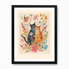 Folksy Floral Animal Drawing Cat 11 Poster Poster