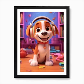 Dog With Headphones Art Print