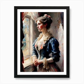 Lady By The Window, winter, castle,a breathtaking landscape scenery,multilayer view,enchanted stunning visually,dark influenza,ink v3,oil on linen ,oil on canvas,hyperrealism, artistic masterwork,perfect painting,soft color,inspired by wadim kashin,jeremy mann Art Print