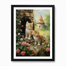 Cute Cats With A Medieval Cottage In The Background 1 Art Print