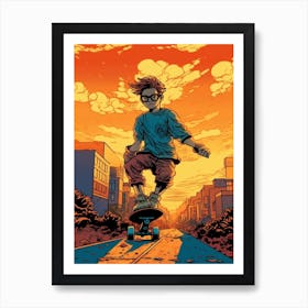 Skateboarding In Warsaw, Poland Comic Style 2 Art Print