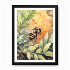 Orange Belted Bumble Bee Beehive Watercolour Illustration 2 Art Print