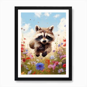Cute Funny Tanezumi Raccoon Running On A Field Wild 3 Art Print