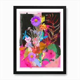 Asters 2 Neon Flower Collage Art Print