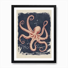 Red Octopus Making Bubbles Linocut Style Art Print