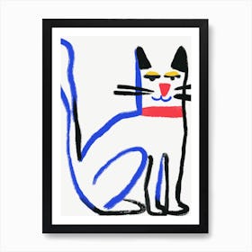Cat Drawing in blue line Art Print