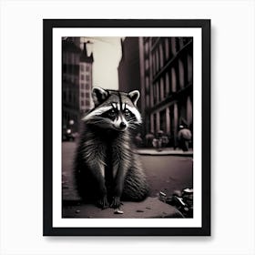 Raccoon In City 2 Vintage Art Print