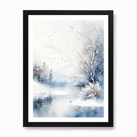 Snowflakes Falling By A Lake, Snowflakes, Storybook Watercolours 1 Art Print