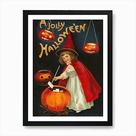 Joyful Halloween, Little Witch With Pumpkin Lanterns Art Print