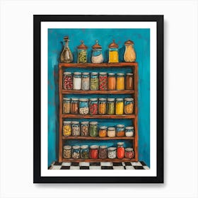Spices On A Shelf Blue Painting 1 Art Print
